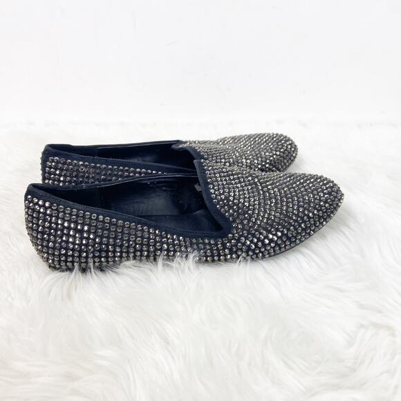 Steve Madden 7.5 M Womens Black Textile Conncord Rhinestone Stud  Smoking Flats - Picture 2 of 8